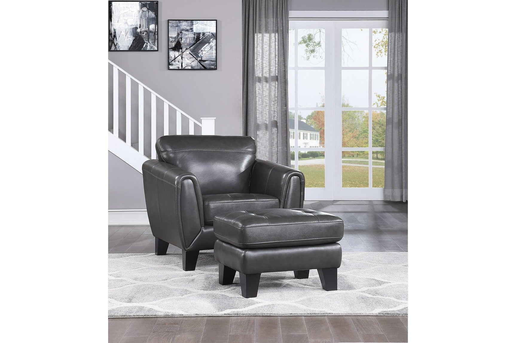 Spivey Dark Dray Solid Wood And Plywood Grain Leather Upholstery 2Pc Set: Sofa, Love - Ella Furniture