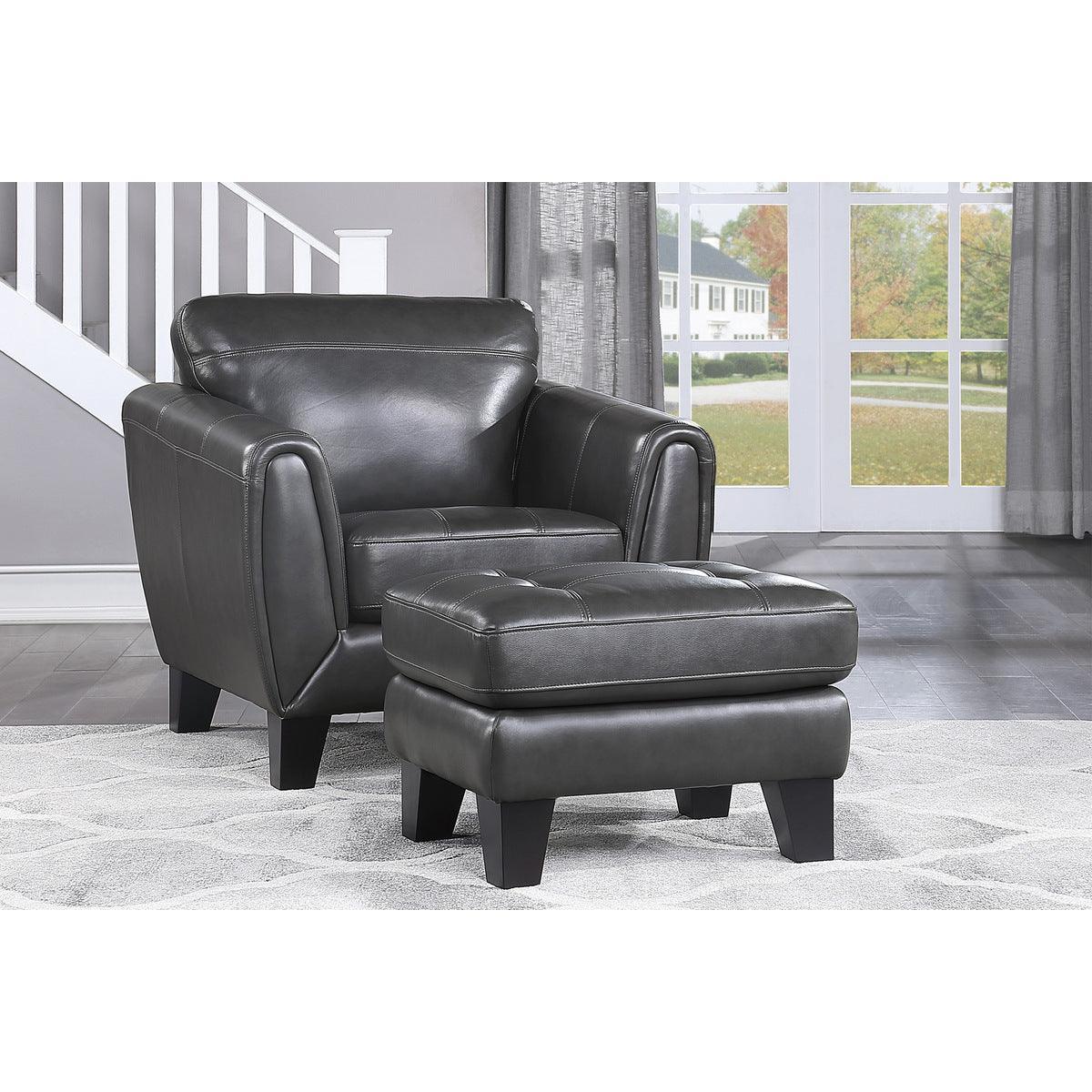 Spivey Dark Gray 100% Top Grain Leather Where The Body Touches, All Else Faux Leather Ottoman - Ella Furniture