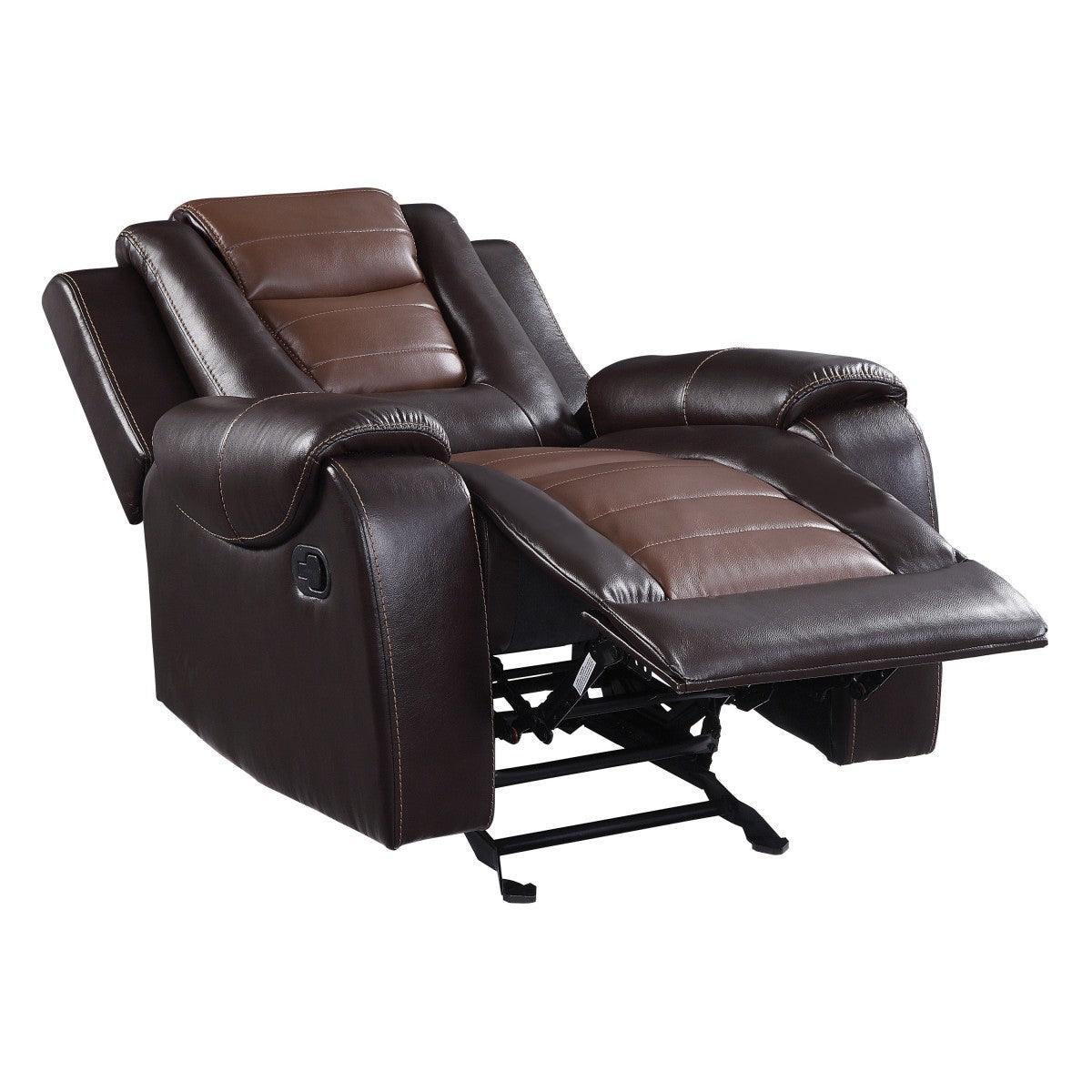 Briscoe Light And Dark Brown Solid Wood Premium Faux Leather Upholstery Glider Reclining Chair - Ella Furniture