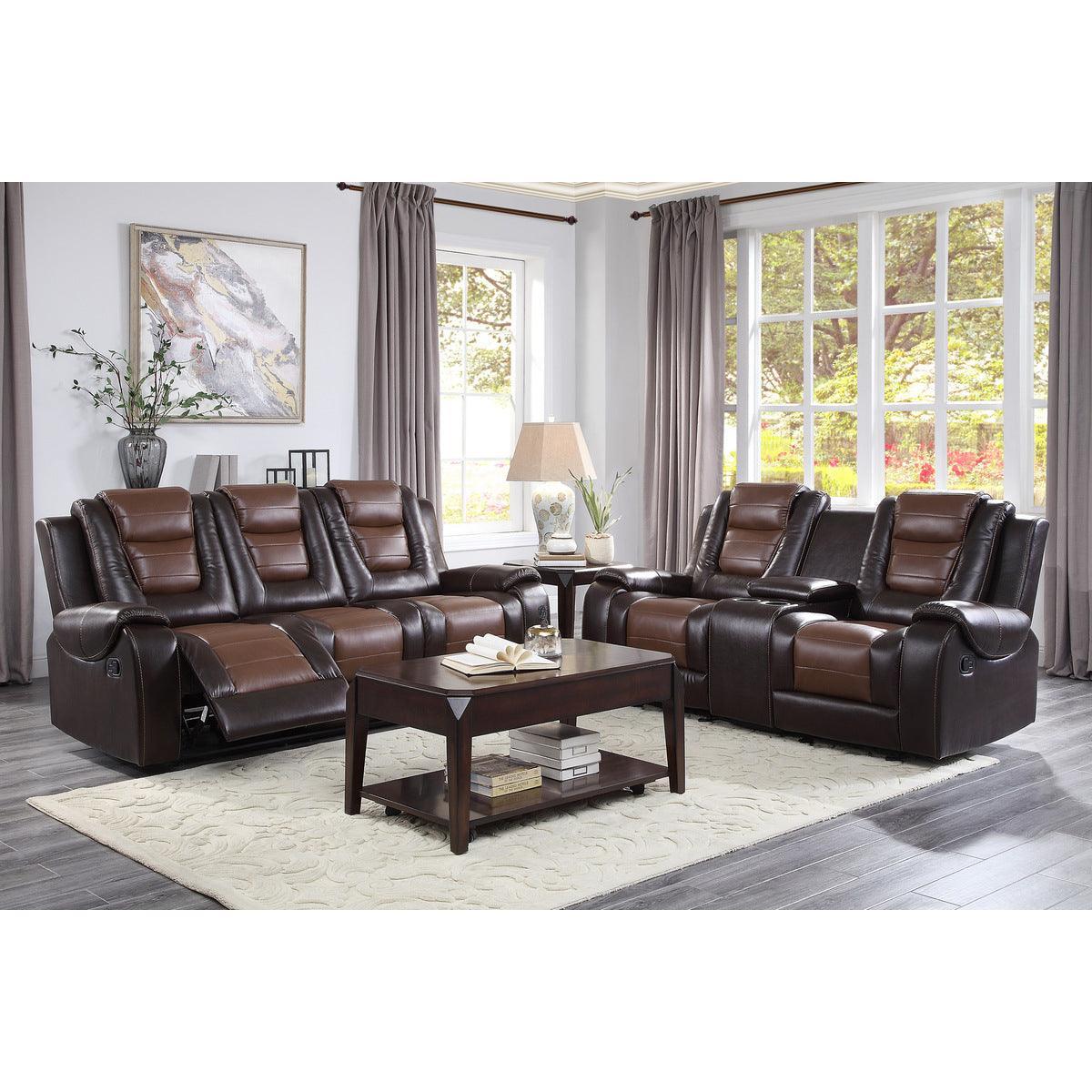 Briscoe 2-Tone (Light Brown And Dark Brown) Premium Faux Leather Upholstery Double Reclining Sofa - Ella Furniture