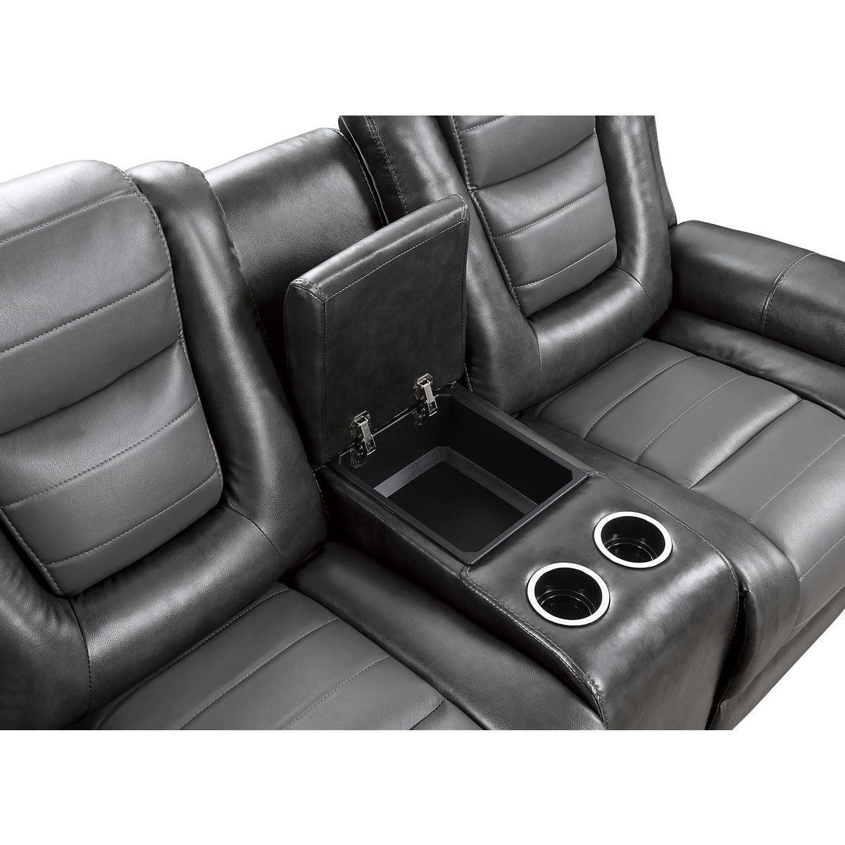 Briscoe 2-Tone Gray Faux Leather Upholstery Double Glider Reclining Loveseat With Center Console - Ella Furniture