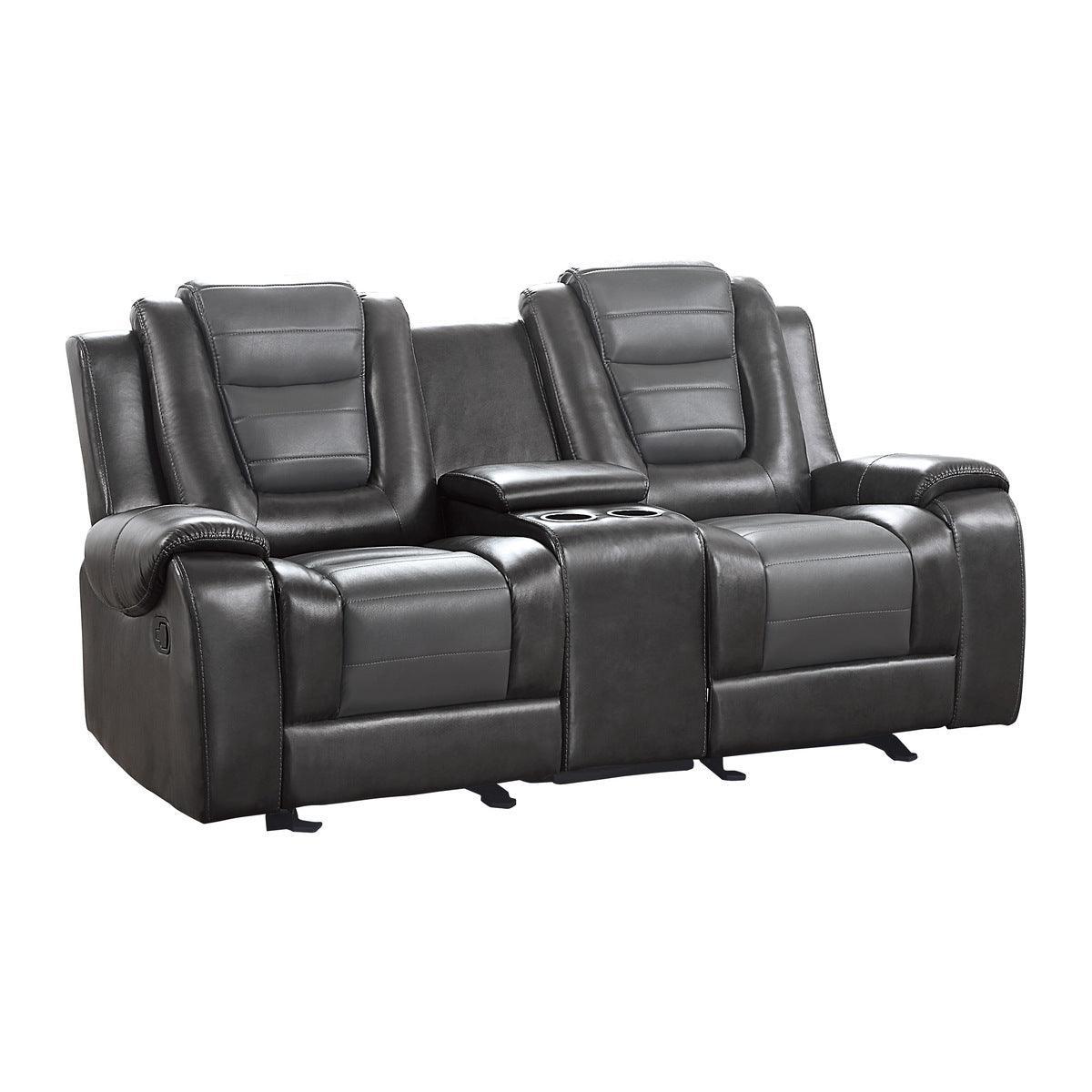 Briscoe 2-Tone Gray Faux Leather Upholstery Double Glider Reclining Loveseat With Center Console - Ella Furniture