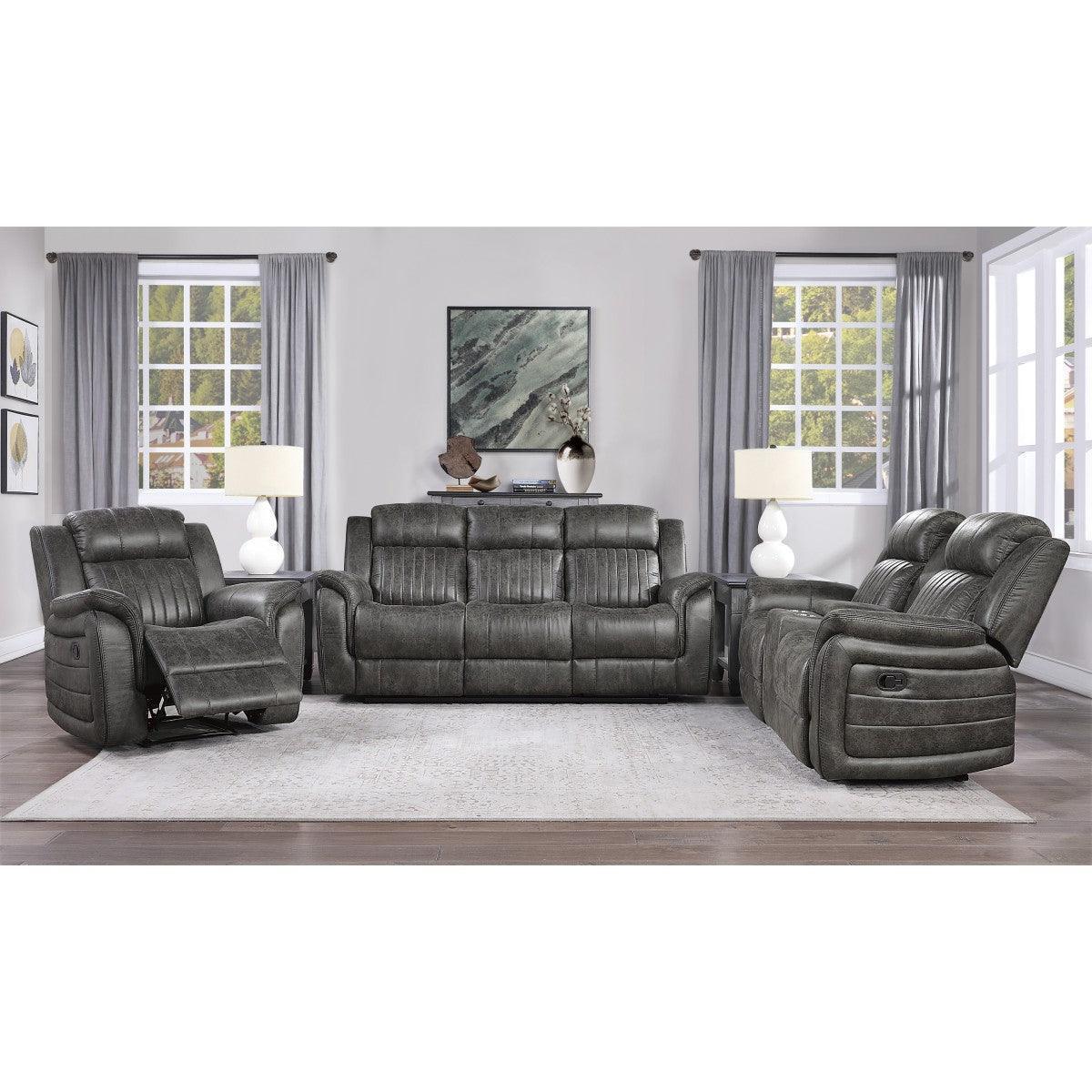Centeroak Brownish Gray Polished Microfiber Upholstery Double Reclining Loveseat Center Console - Ella Furniture