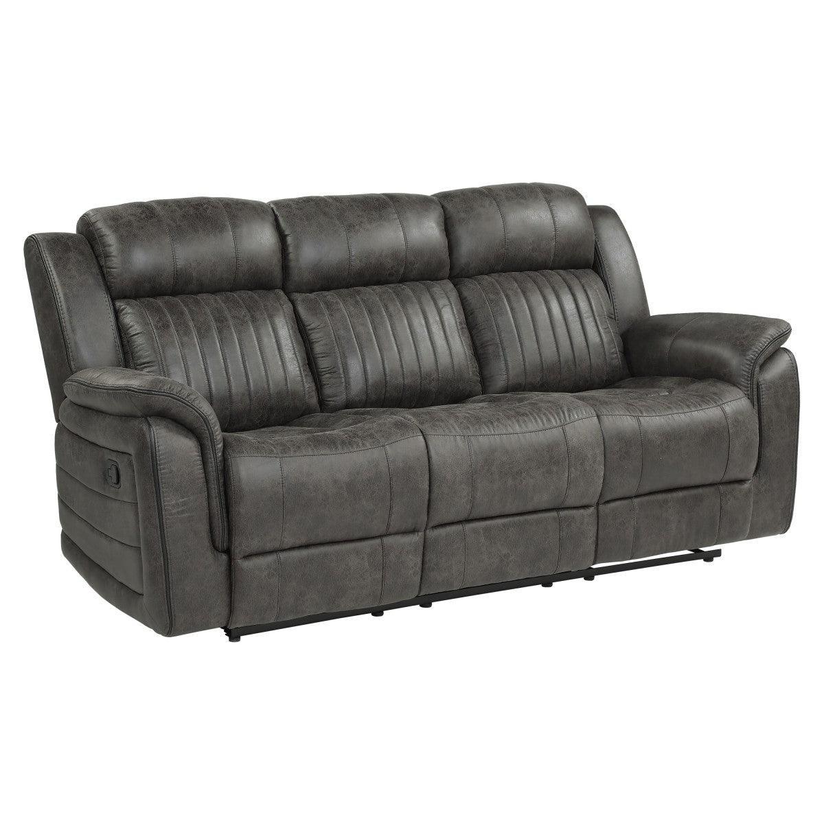 Centeroak Brownish Gray Solid Wood, Plywood Polished Microfiber Upholstery Double Reclining Sofa - Ella Furniture