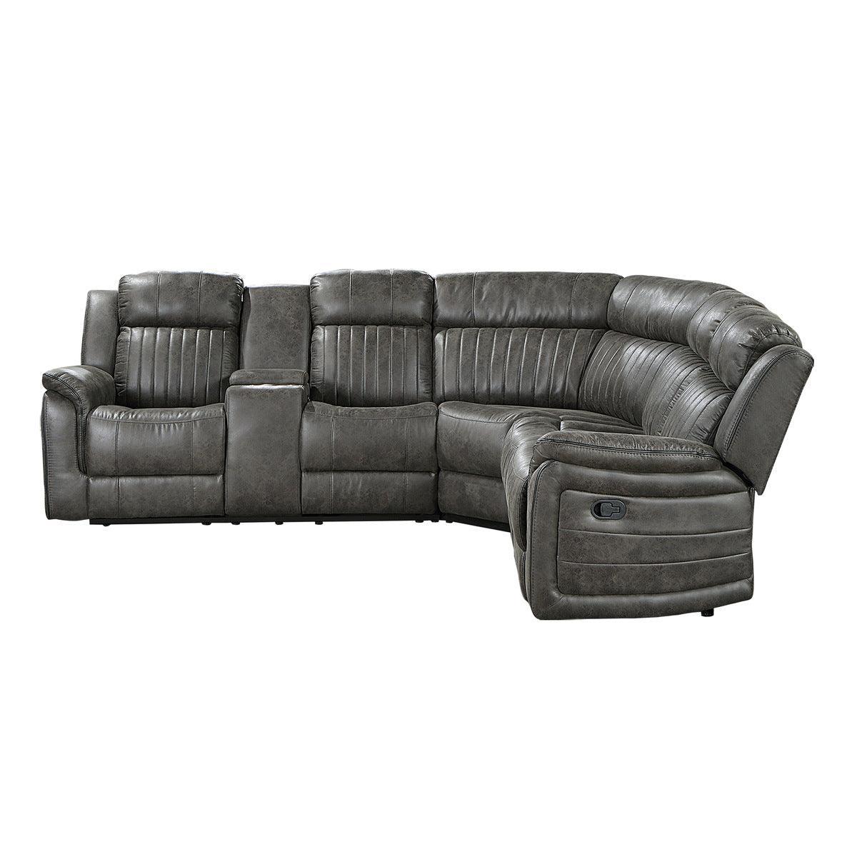 Centeroak Browish Gray Solid Wood Faux Suede Fabric 3-Piece Reclining Sectional With Left Console - Ella Furniture