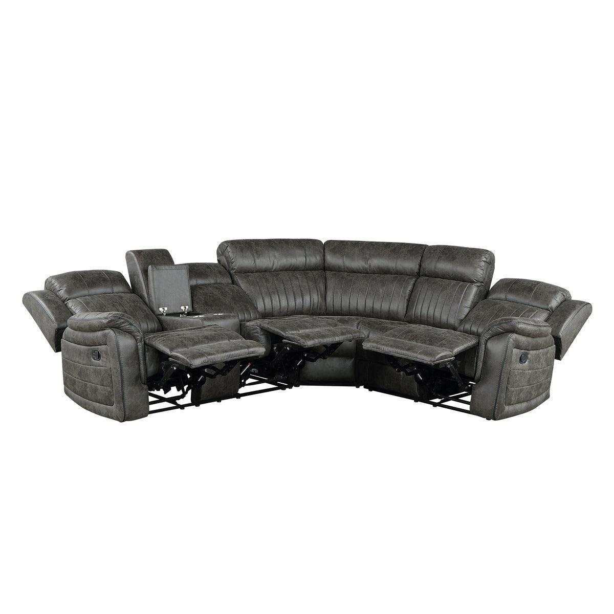 Centeroak Browish Gray Solid Wood Faux Suede Fabric 3-Piece Reclining Sectional With Left Console - Ella Furniture