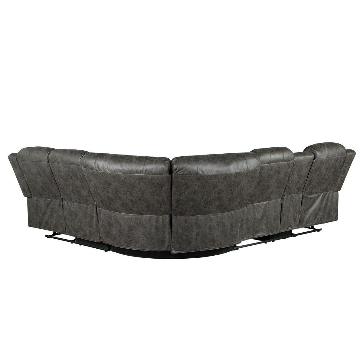 Centeroak Browish Gray Solid Wood Faux Suede Fabric 3-Piece Reclining Sectional With Left Console - Ella Furniture