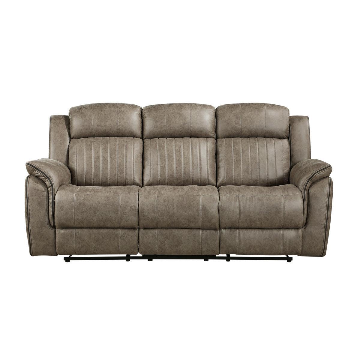 Centeroak Sandy Brown Solid Wood And Plywood Polished Microfiber Upholstery Double Reclining Sofa - Ella Furniture