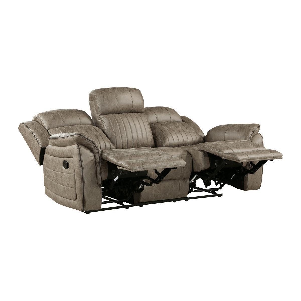Centeroak Sandy Brown Solid Wood And Plywood Polished Microfiber Upholstery Double Reclining Sofa - Ella Furniture