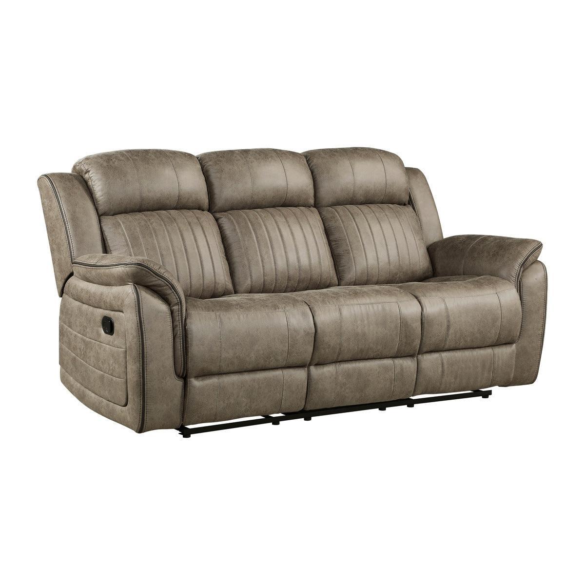 Centeroak Sandy Brown Solid Wood And Plywood Polished Microfiber Upholstery Double Reclining Sofa - Ella Furniture