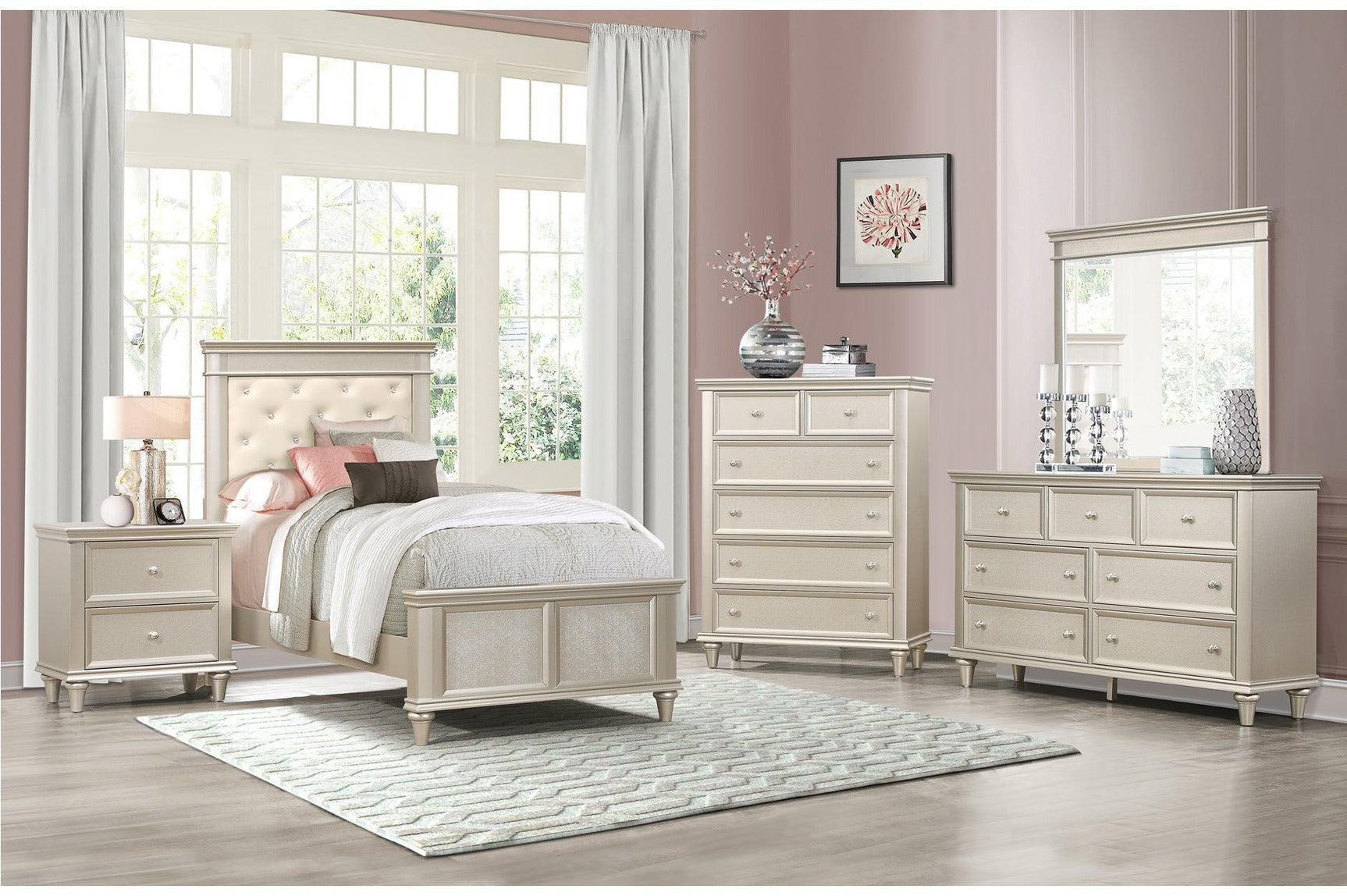 Celandine Silver Modern Traditional Solid Wood Faux Leather Upholstered Tufted Panel Bedroom Set - Ella Furniture