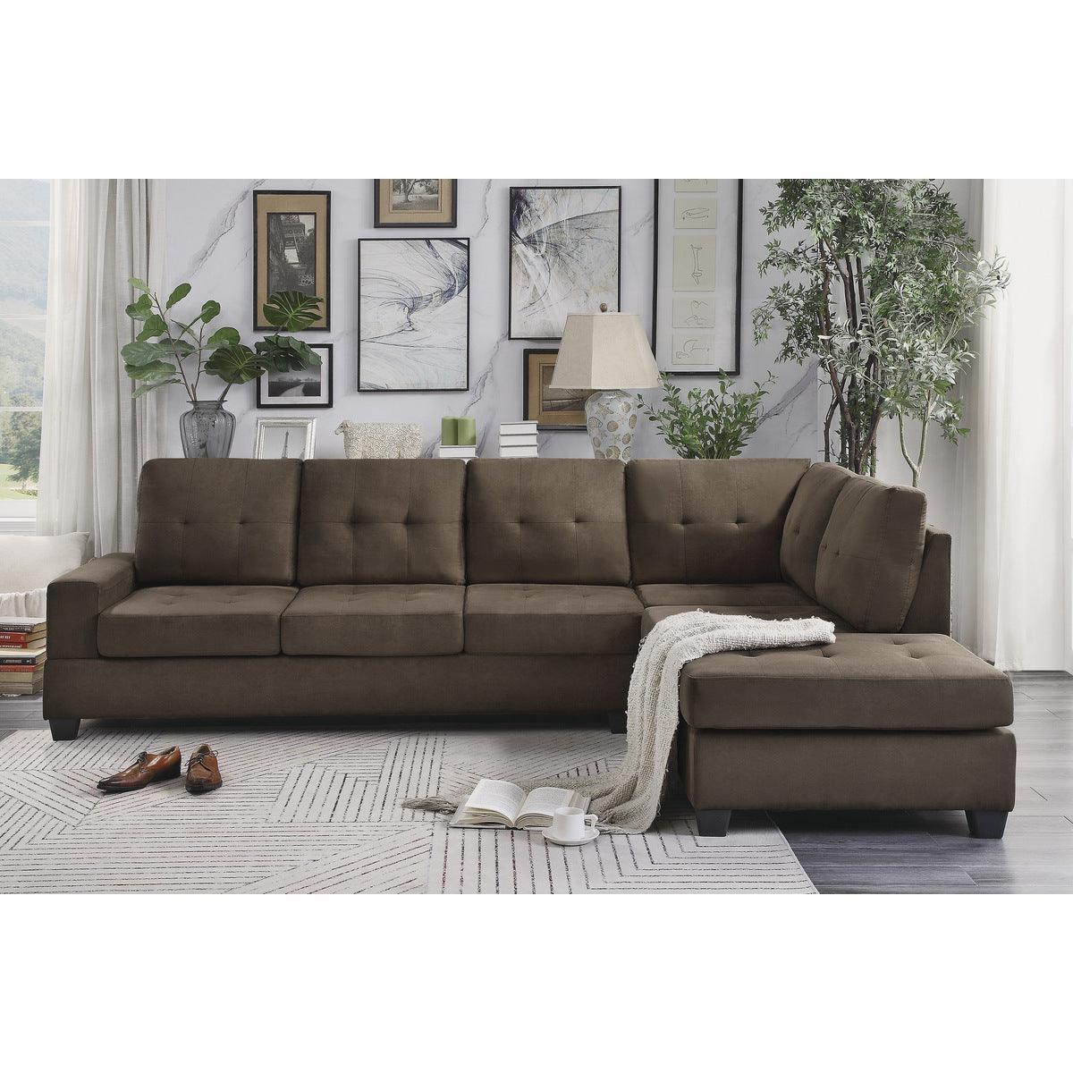 Maston Chocolate Microfiber Fabric Upholstery 2-Piece Reversible Sectional Drop-down Cup Holders - Ella Furniture