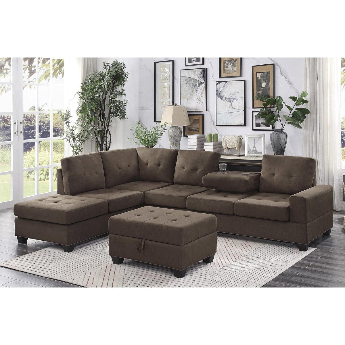 Maston Chocolate Microfiber Fabric Upholstery 2-Piece Reversible Sectional Drop-down Cup Holders - Ella Furniture