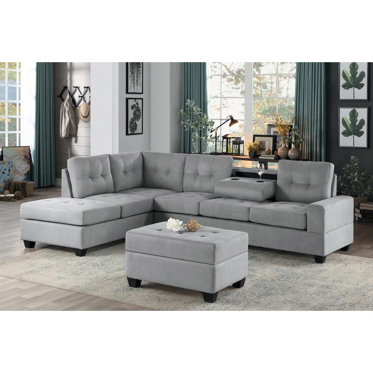 Maston Gray Microfiber Fabric Upholstery 2-Piece Reversible Sectional With Drop-down Cup Holders - Ella Furniture