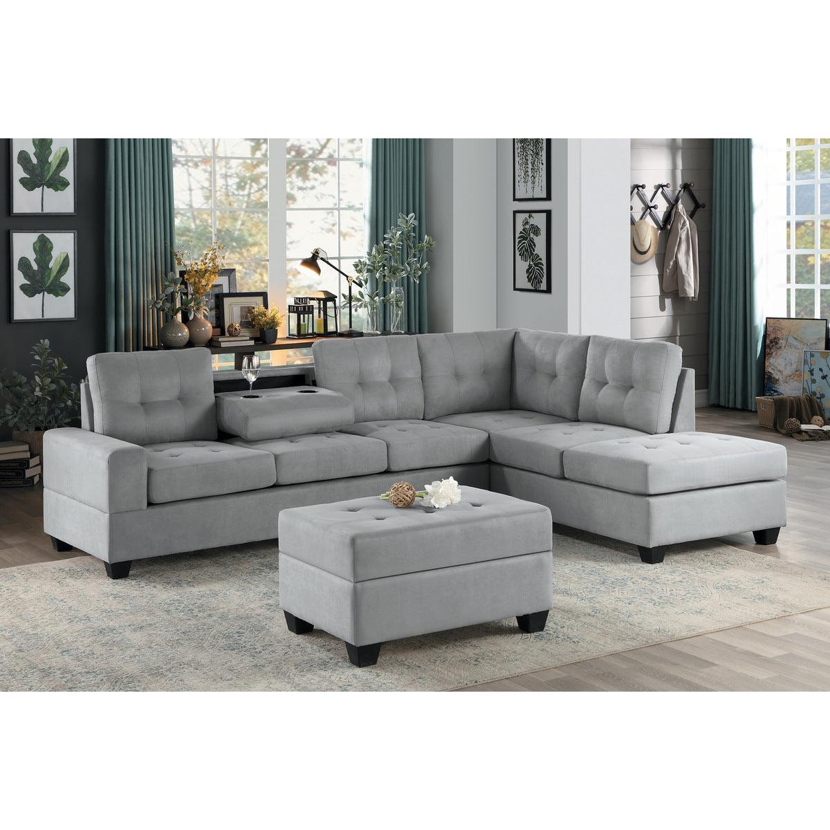 Maston Gray Microfiber Fabric Upholstery 2-Piece Reversible Sectional With Drop-down Cup Holders - Ella Furniture