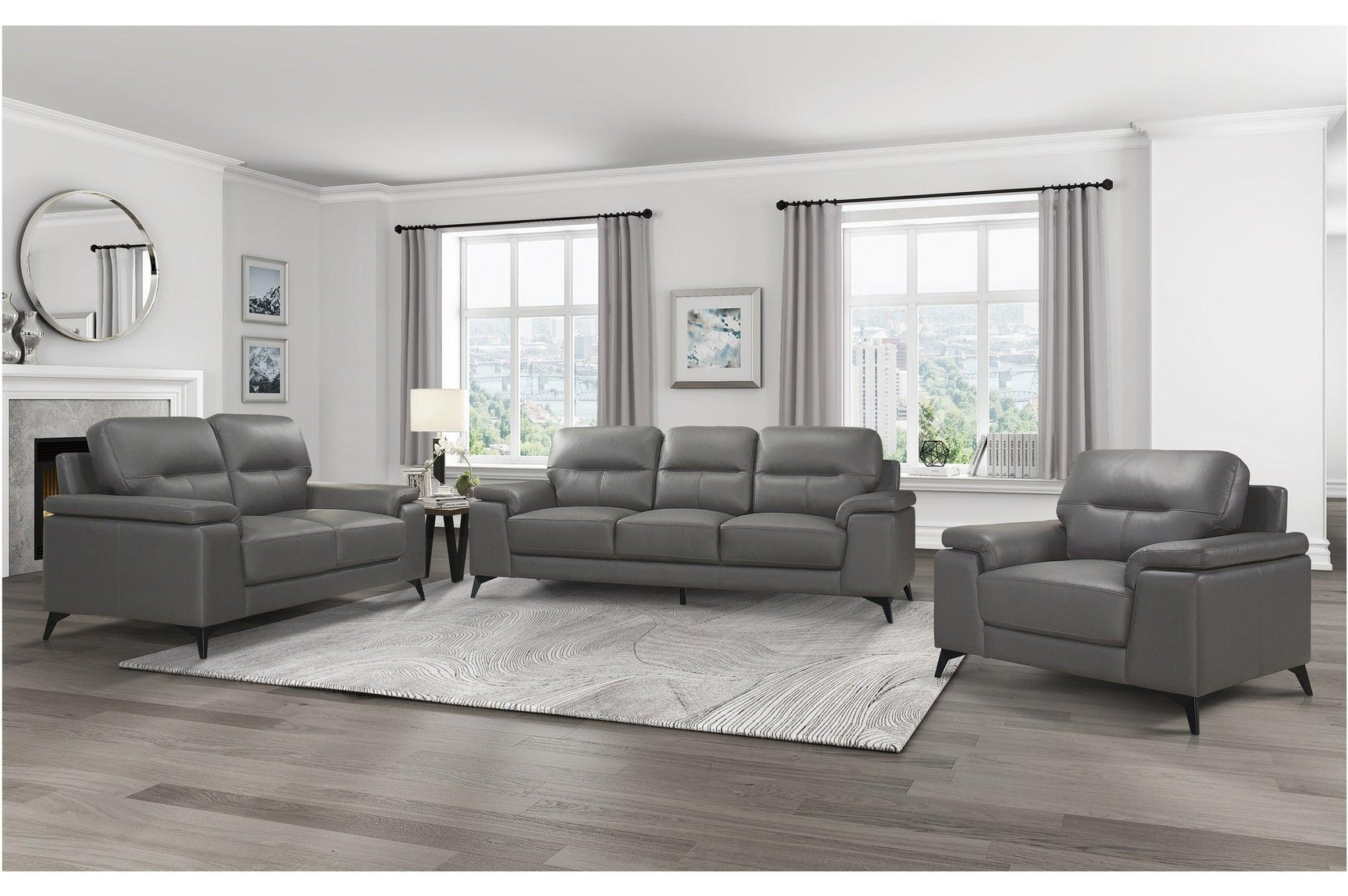 Mischa Dark Gray Solid Wood And Plywood Top Grain Leather Upholstery 2Pc Set: Sofa, Love - Ella Furniture
