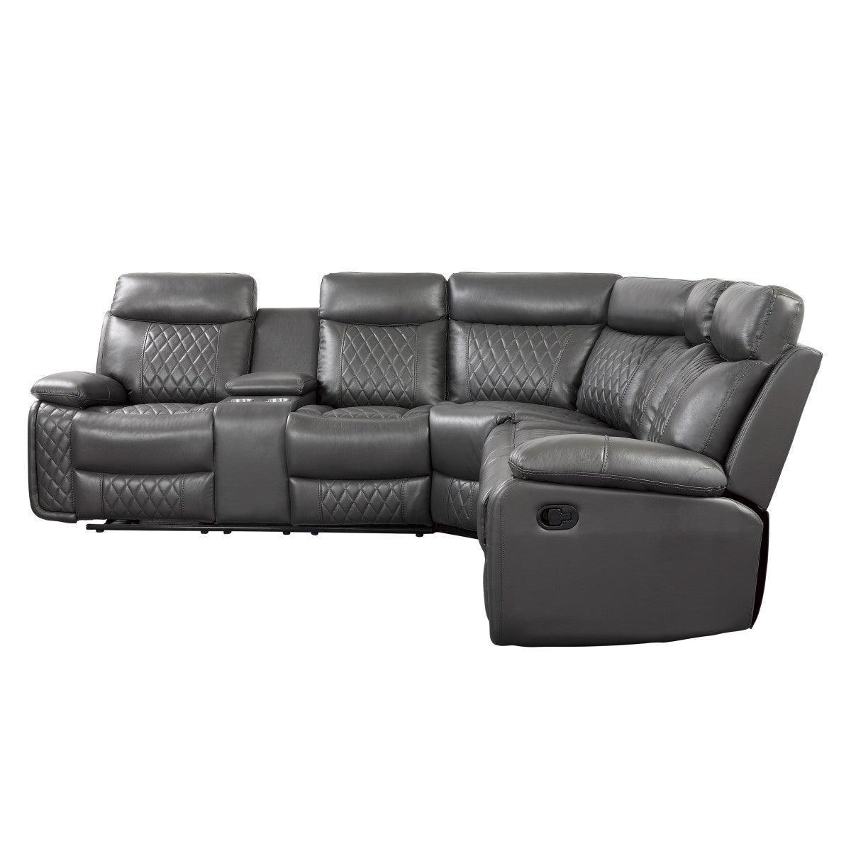Socorro Gray Breathable Faux Leather Upholstery 3-Piece Reclining Sectional With Left Console - Ella Furniture