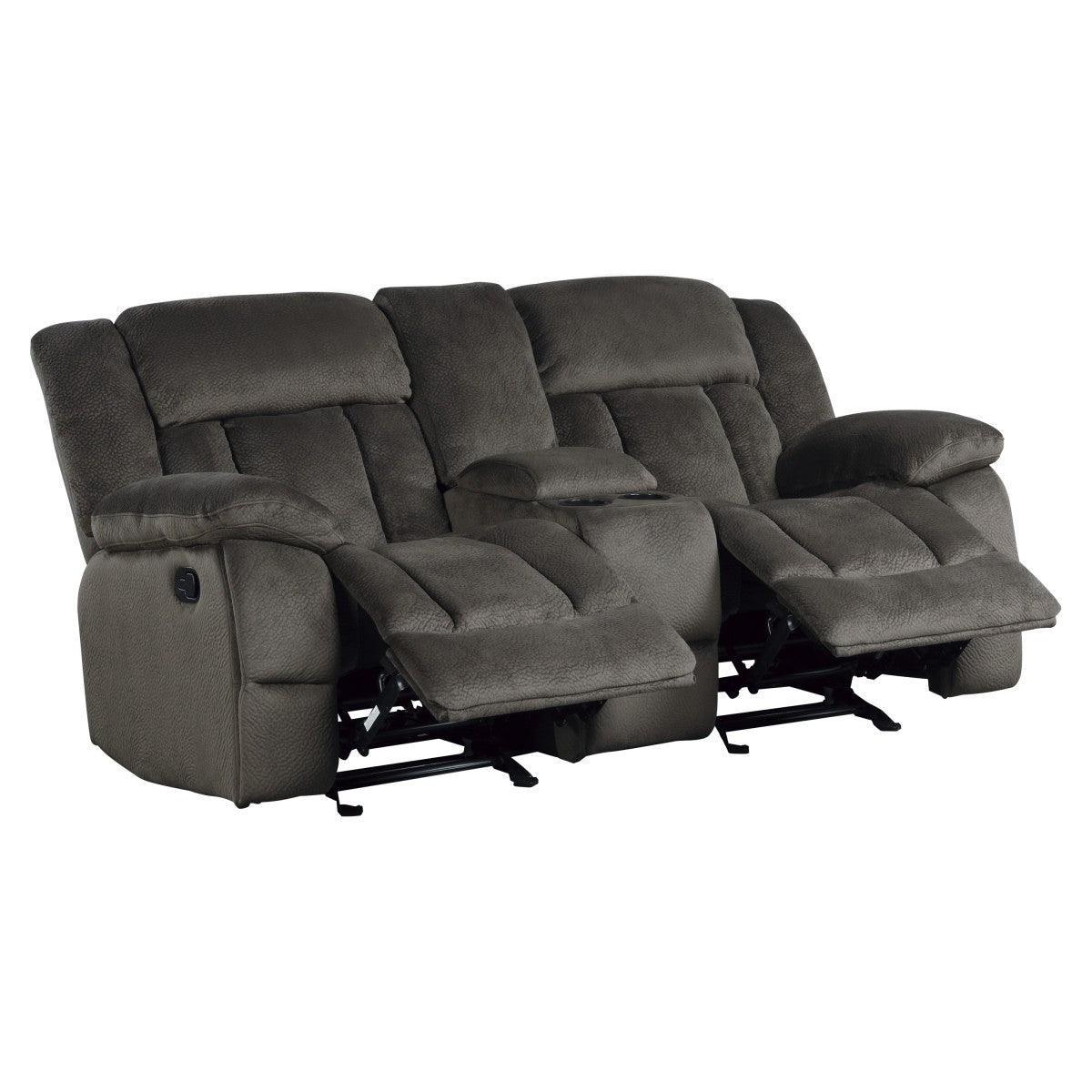 Laurelton Chocolate Textured Plush Microfiber Upholstery Double Glider Reclining Love Seat - Ella Furniture