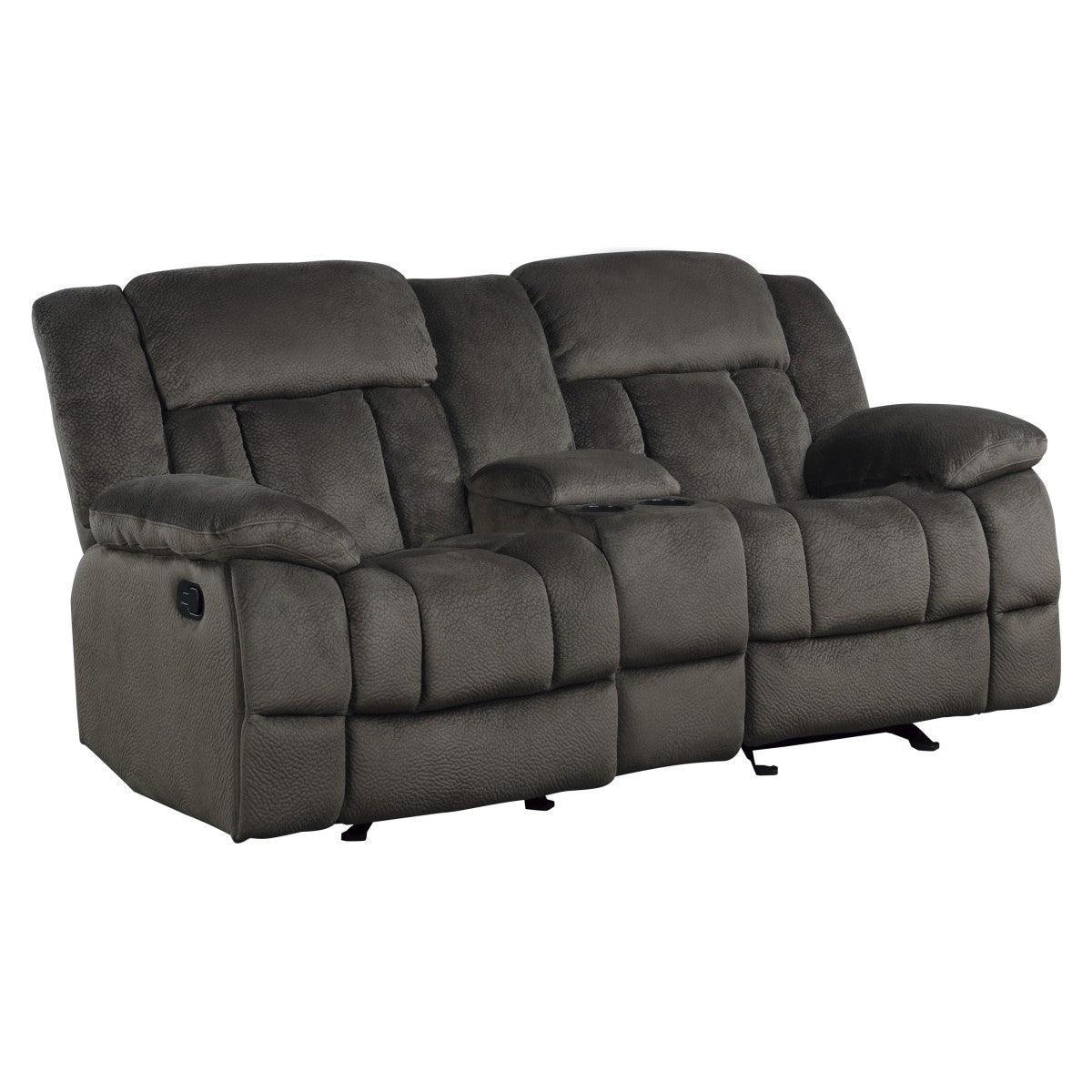 Laurelton Chocolate Textured Plush Microfiber Upholstery Double Glider Reclining Love Seat - Ella Furniture