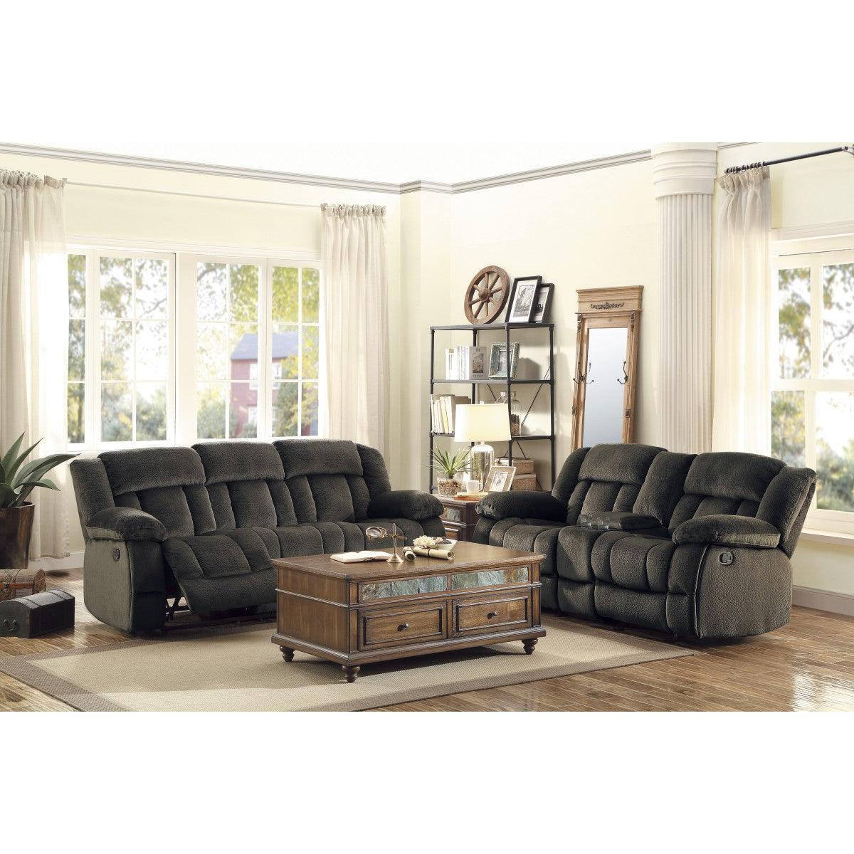 Laurelton Chocolate Textured Plush Microfiber Upholstery Double Glider Reclining Love Seat - Ella Furniture