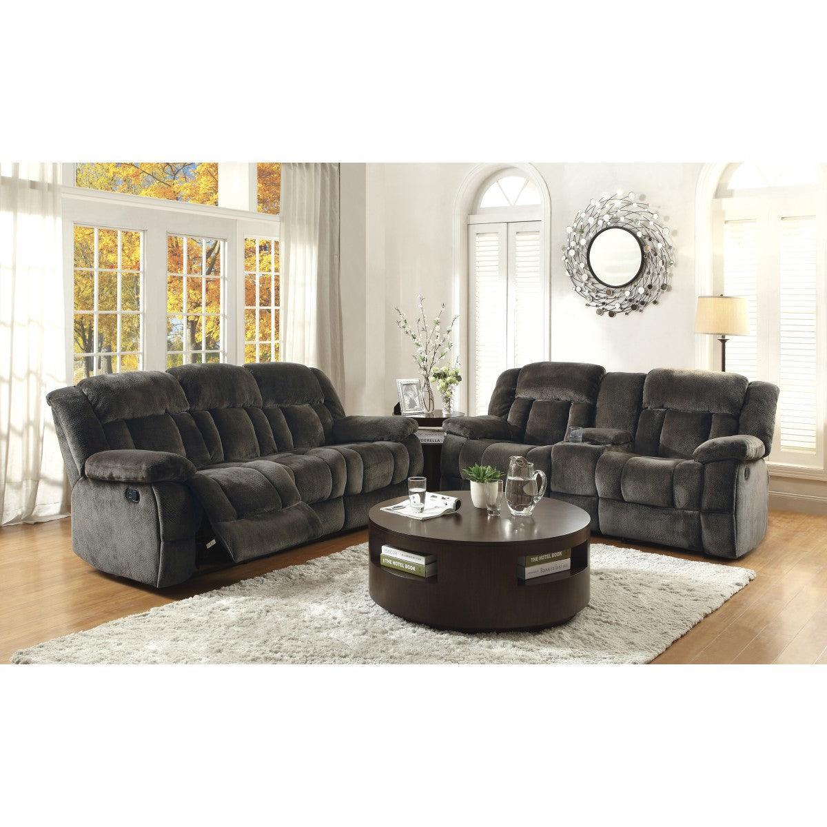 Laurelton Chocolate Textured Plush Microfiber Upholstery Double Glider Reclining Love Seat - Ella Furniture