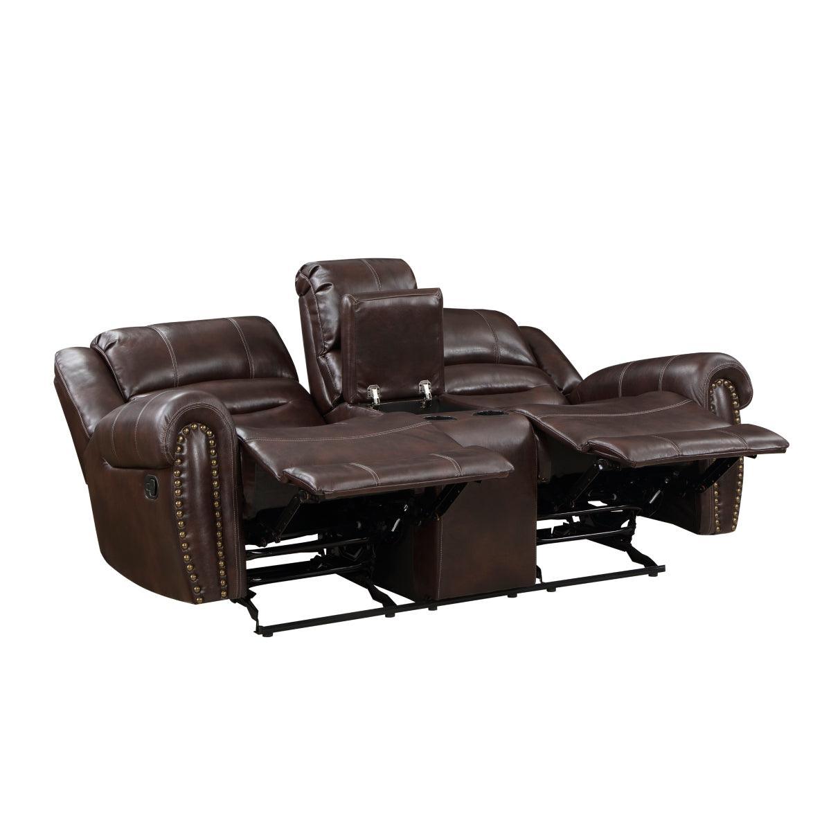 Center Hill Brown Solid Wood Premium Faux Leather Upholstery Double Glider Reclining Love Seat - Ella Furniture