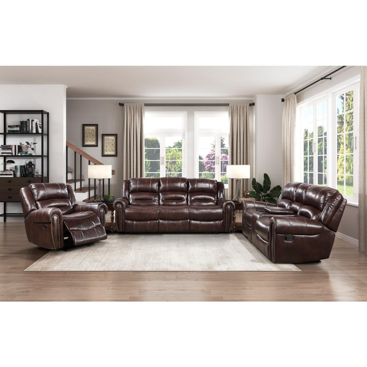 Center Hill Brown Solid Wood Premium Faux Leather Upholstery Double Glider Reclining Love Seat - Ella Furniture