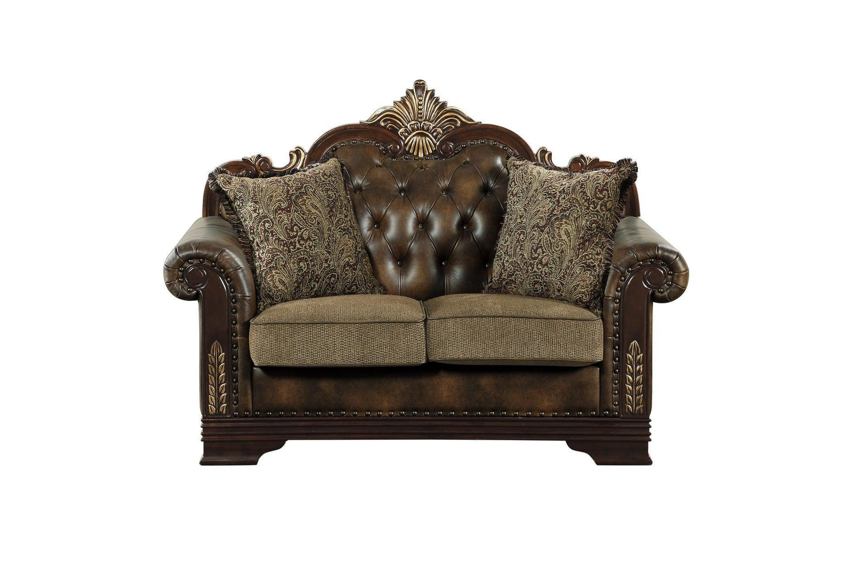 Croydon Dark Cherry Wood Faux Leather And Chenille Fabric Upholstery Tufted 2Pc Set: Sofa, Love - Ella Furniture