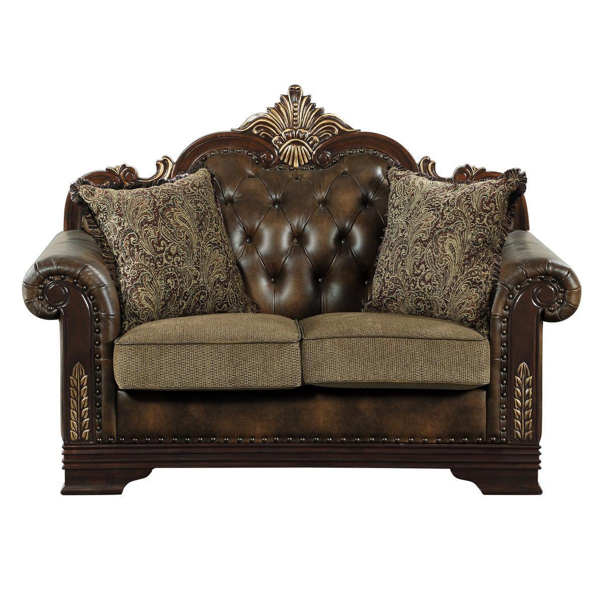 Croydon Brown Solid Wood, Plywood Faux Leather And Chenille Fabric Upholstered Tufted Love Seat - Ella Furniture
