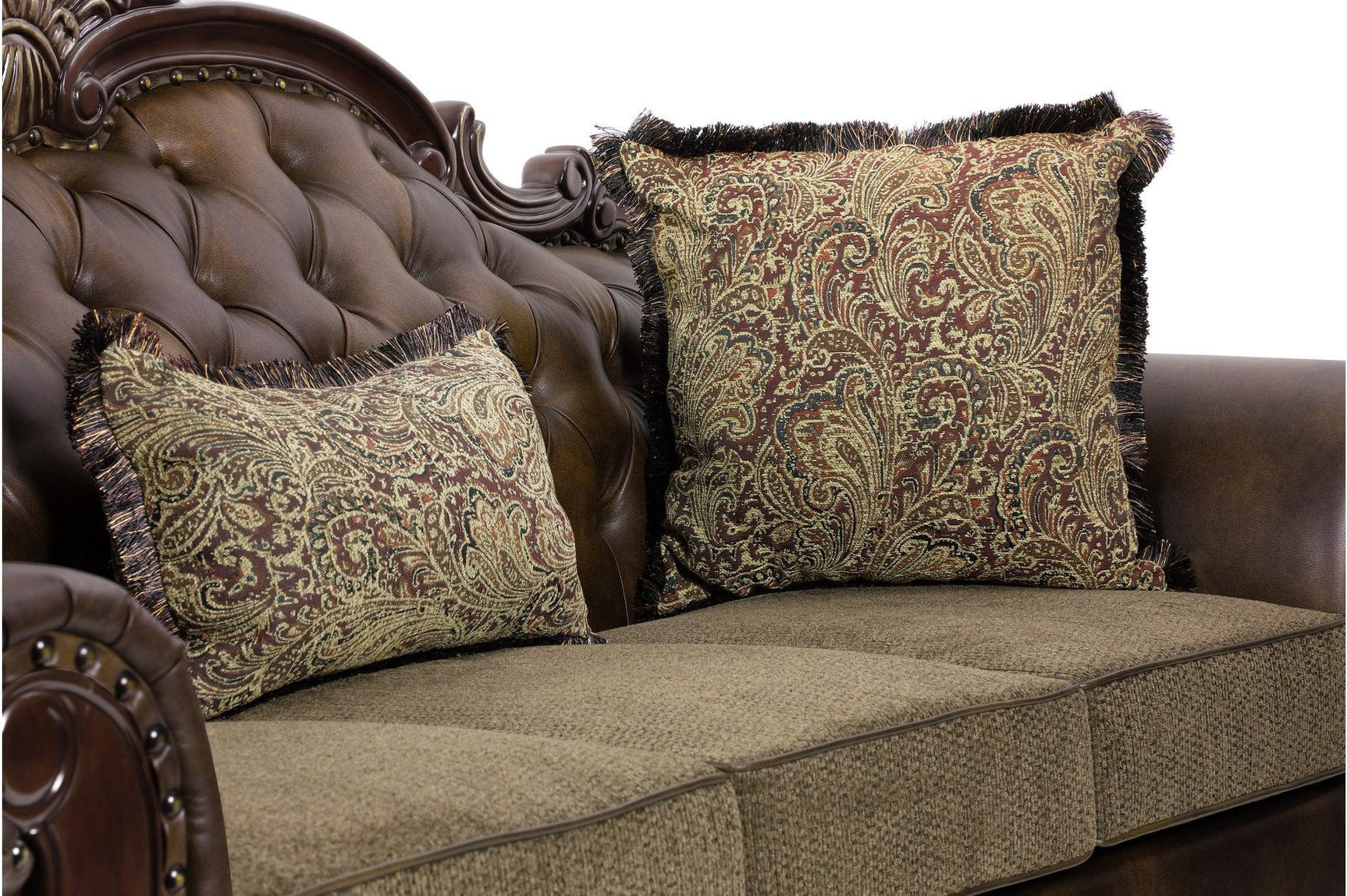 Croydon Dark Cherry Wood Faux Leather And Chenille Fabric Upholstery Tufted 2Pc Set: Sofa, Love - Ella Furniture
