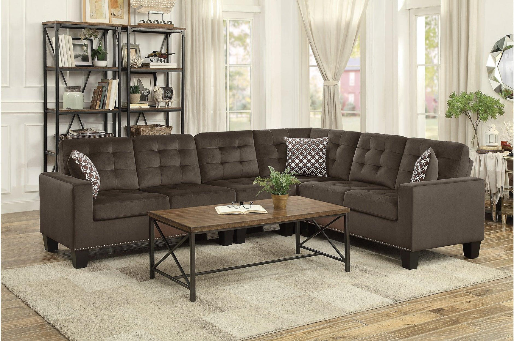 Lantana Chocolate Solid Wood And Plywood Textured Fabric Upholstered Tufted Sofa And Love Seat - Ella Furniture