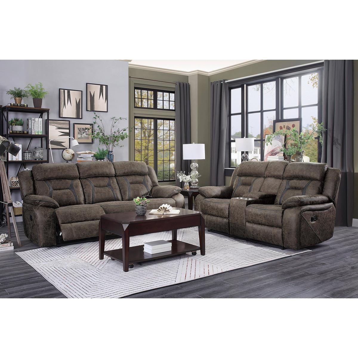 Madrona Hill Dark Brown Solid Wood, Plywood Polished Microfiber Upholstery Double Reclining Sofa - Ella Furniture