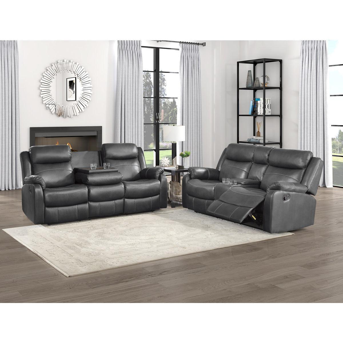 Yerba Dark Gray Polished Microfiber Fabric Double Lay Flat Reclining Love Seat Center Console - Ella Furniture