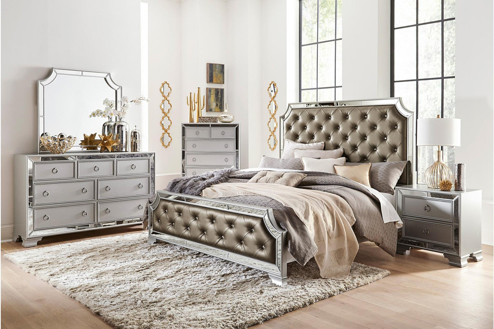 Avondale Silver Modern Contemporary Wood Polyurethane Upholstered Tufted Panel Bedroom Set - Ella Furniture
