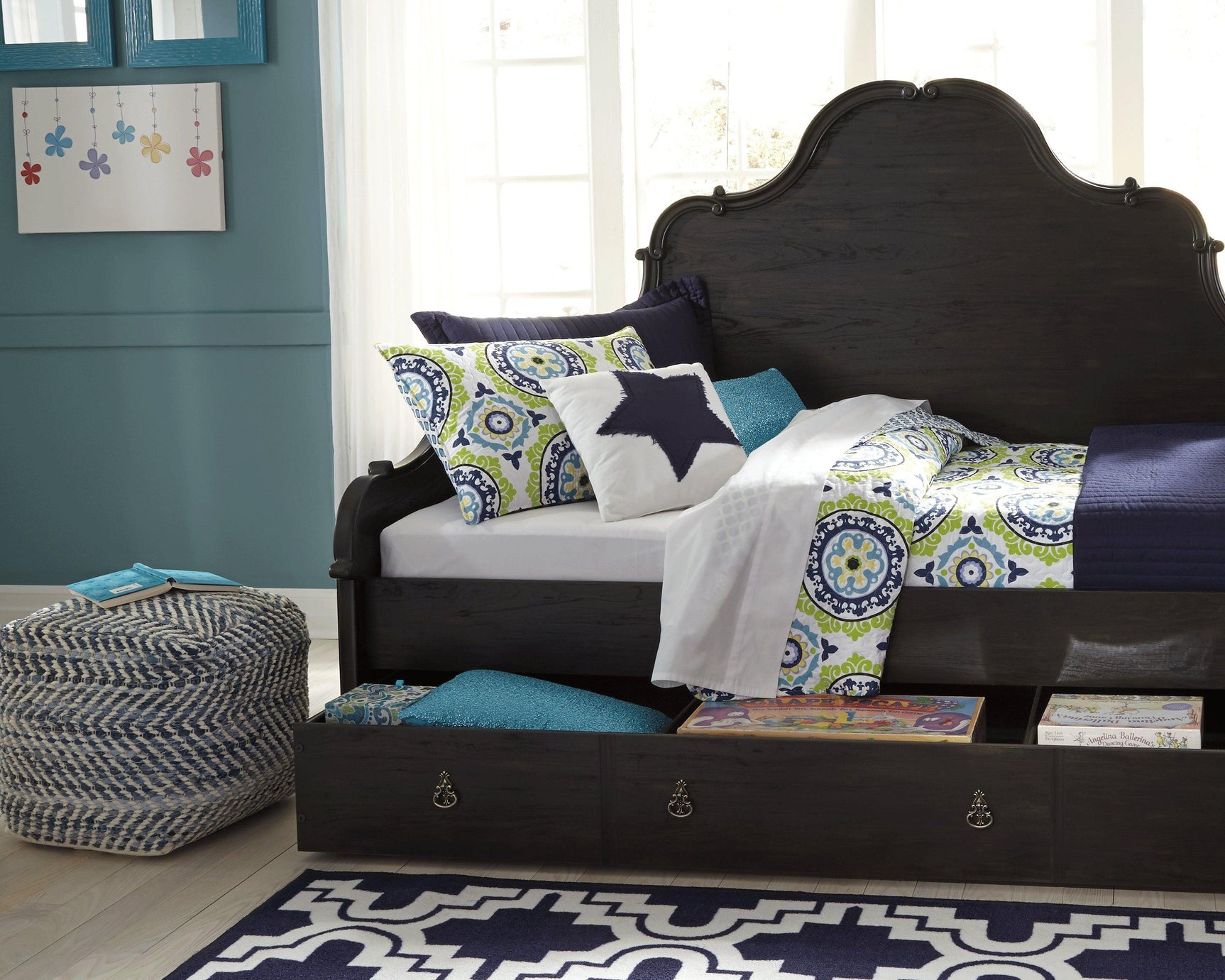 Chevron Blue Pouf - Ella Furniture