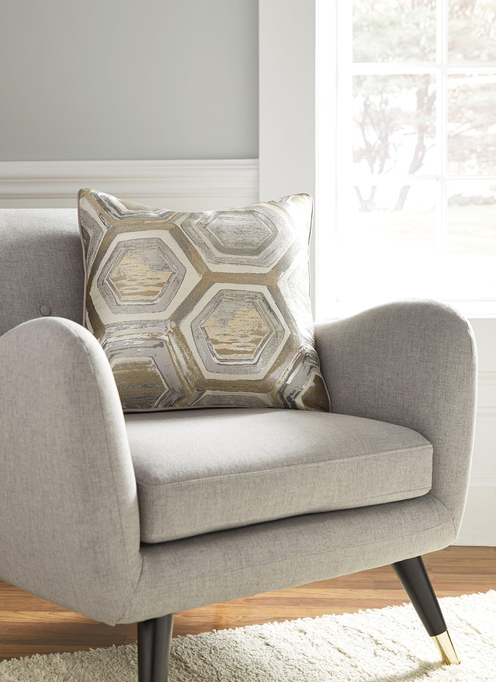 Group of 4 Meiling Metallic Pillows styled on sectional sofa