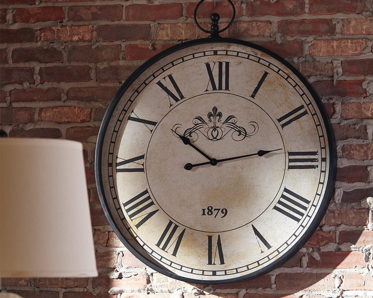 Augustina Antique Black Metal Wall Clock with Pendulum, front view