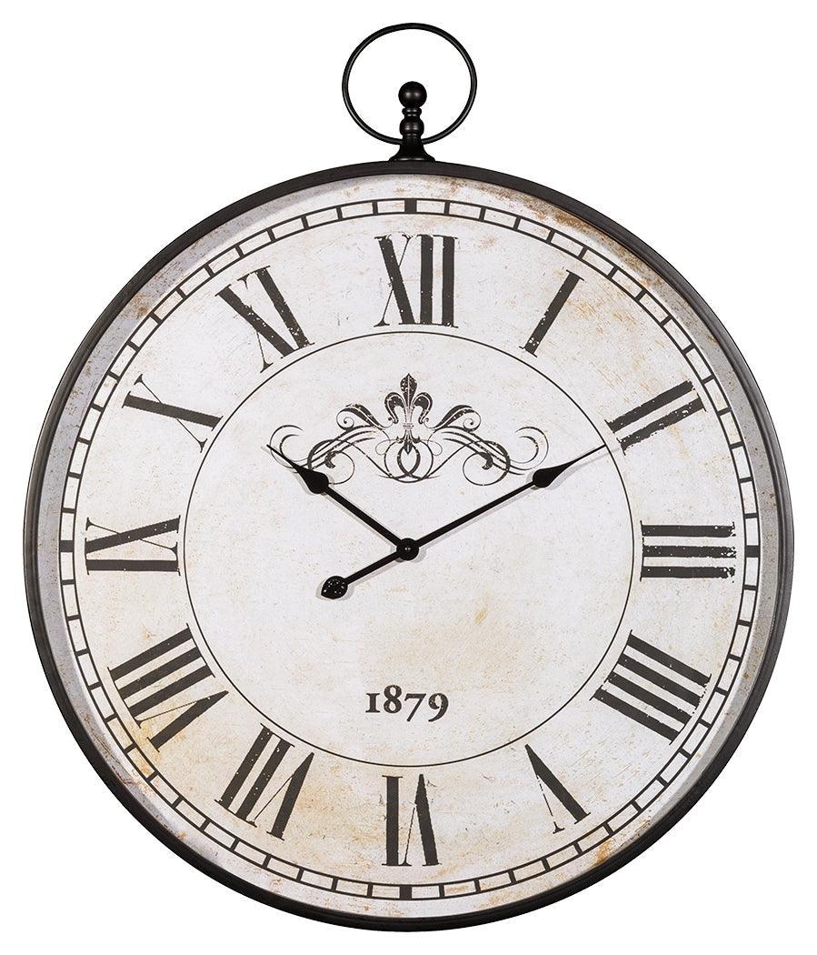 Side angle of Augustina antique black metal wall clock showing pendulum