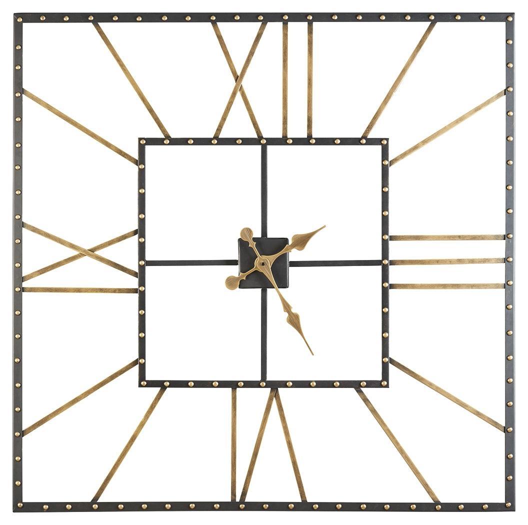 Thames wall clock showing Roman numerals and black frame with gold accents