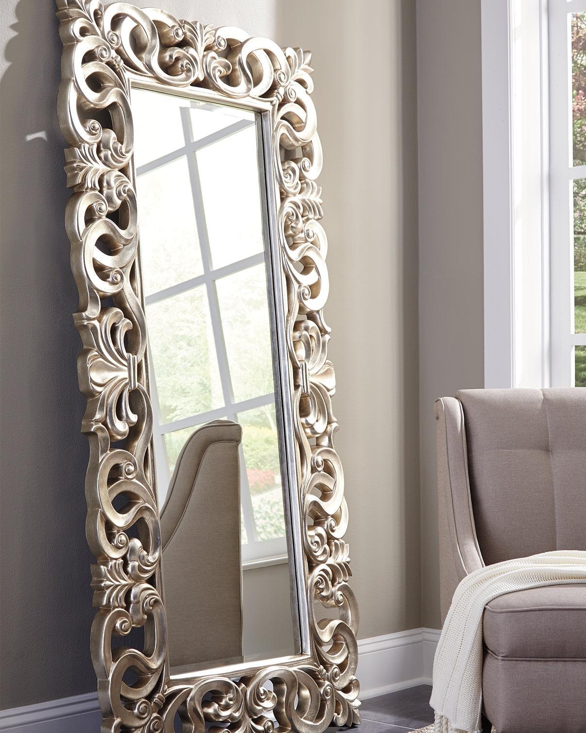 Lucia Antique Silver Floor Mirror front view in classic setting