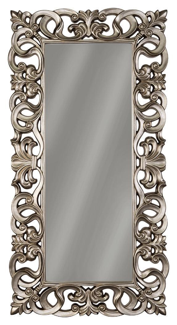 Close-up of ornate scroll detail on antique silver frame