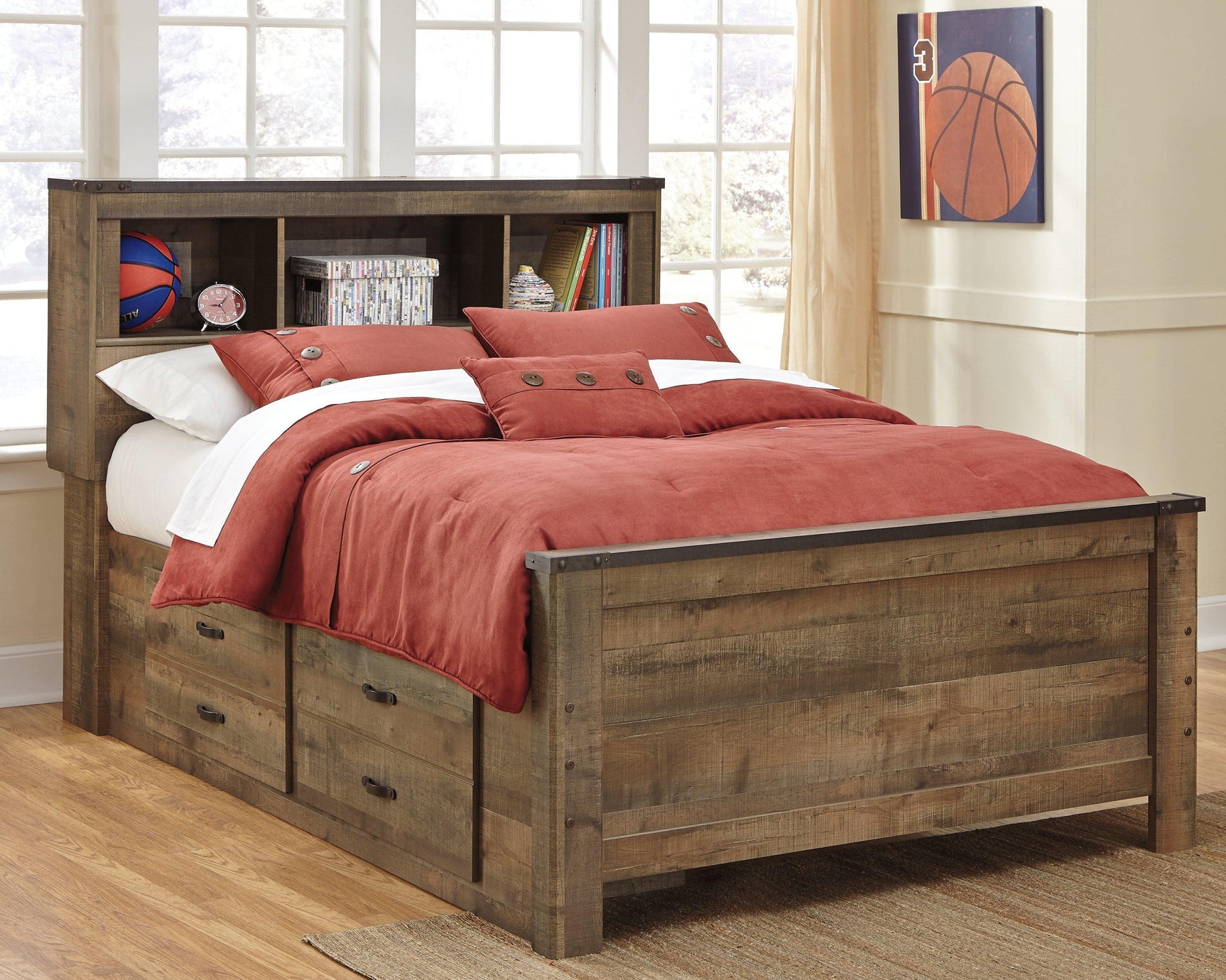 Trinell Brown Full Bookcase Bed With 2 Storage Drawers - Ella Furniture