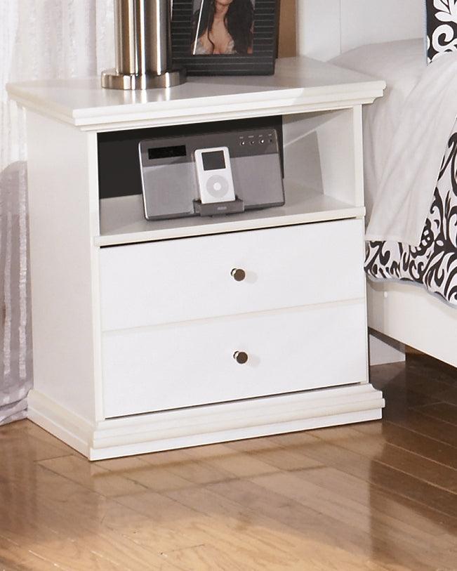 Bostwick Shoals White Nightstand front angle showing drawer and open cubby