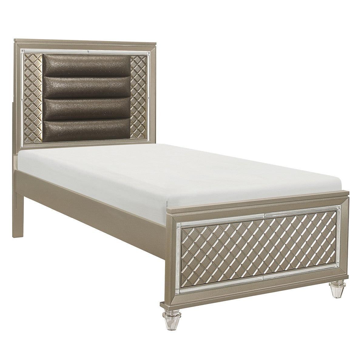 Loudon Champagne Metallic Wood, Engineered Wood Faux Leather Upholstered Youth Twin Platform Bed - Ella Furniture