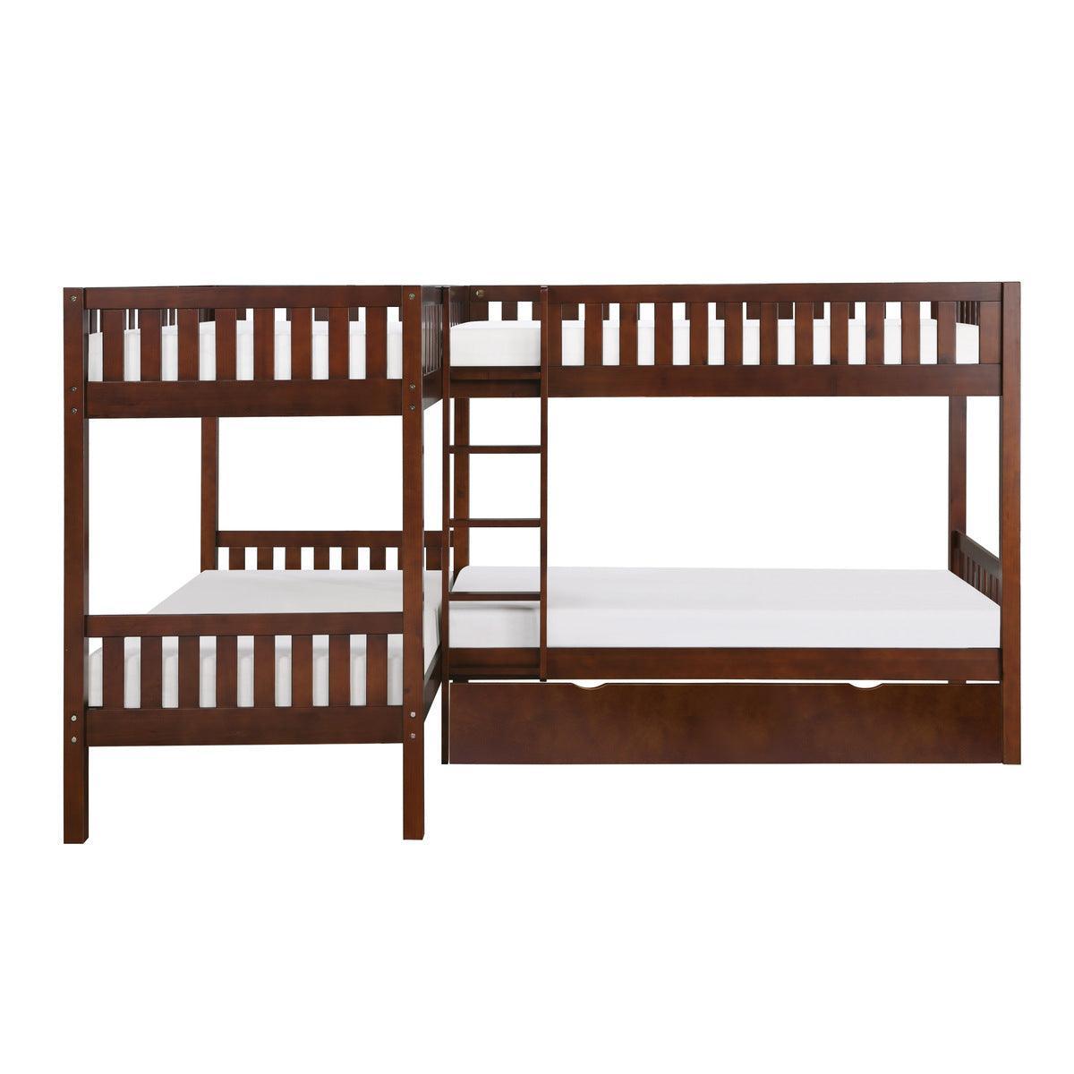 Rowe Dark Cherry Transitional Pine Veneer Wood Engineered Wood Corner Bunk Bed With Twin Trundle - Ella Furniture