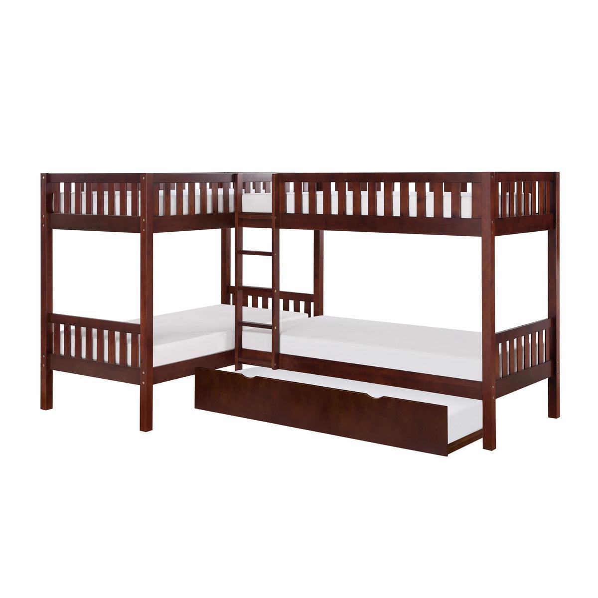 Rowe Dark Cherry Transitional Pine Veneer Wood Engineered Wood Corner Bunk Bed With Twin Trundle - Ella Furniture