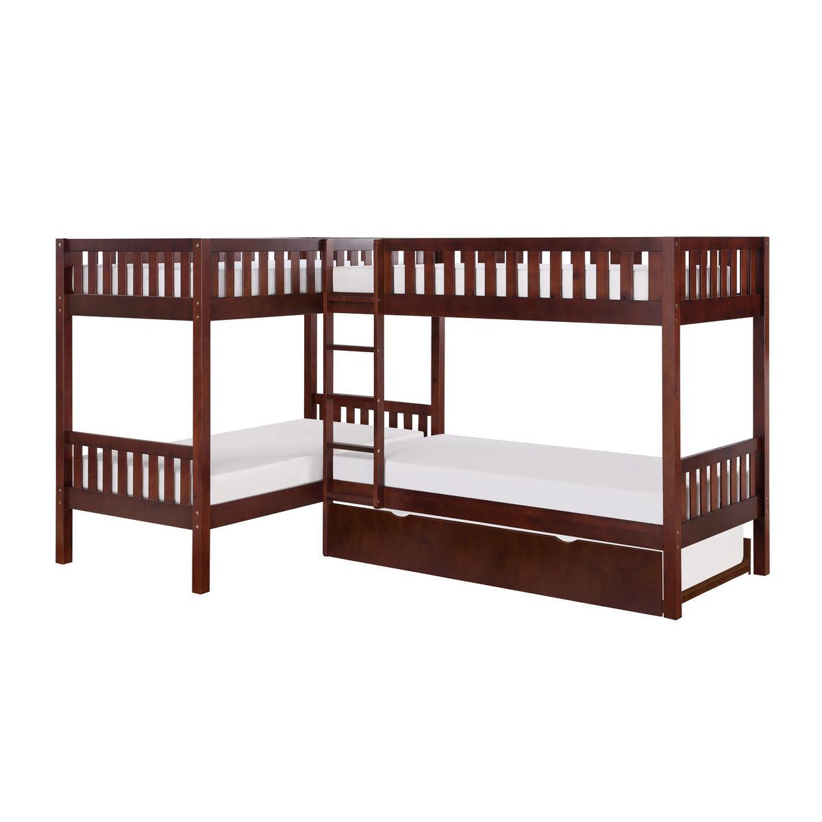 Rowe Dark Cherry Transitional Pine Veneer Wood Engineered Wood Corner Bunk Bed With Twin Trundle - Ella Furniture