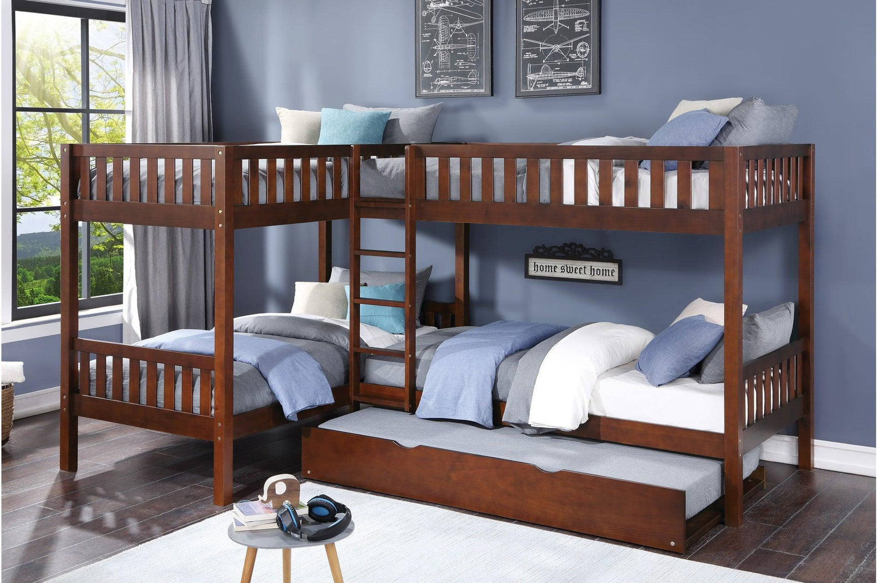 Rowe Dark Cherry Pine Veneer, Wood And Engineered Wood Corner Bunk Bed Youth Bedroom Set - Ella Furniture