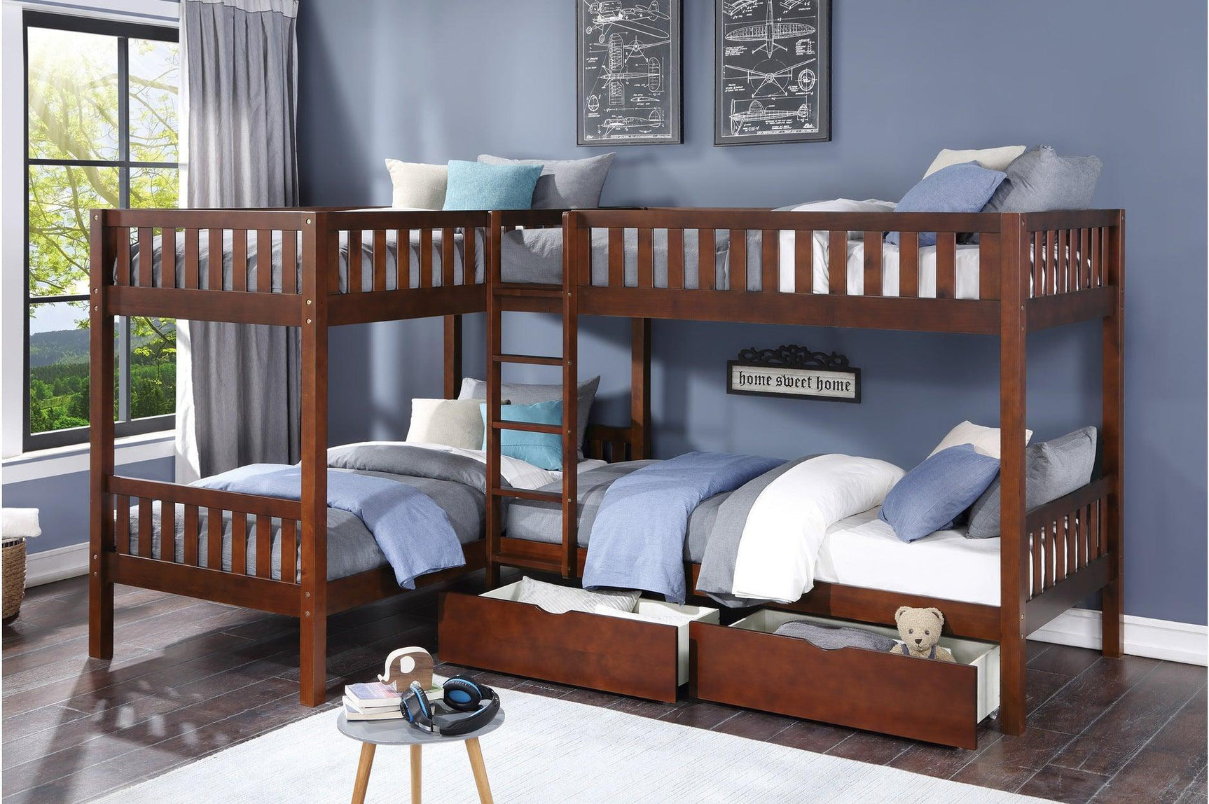 Rowe Dark Cherry Pine Veneer, Wood And Engineered Wood Corner Bunk Bed Youth Bedroom Set - Ella Furniture