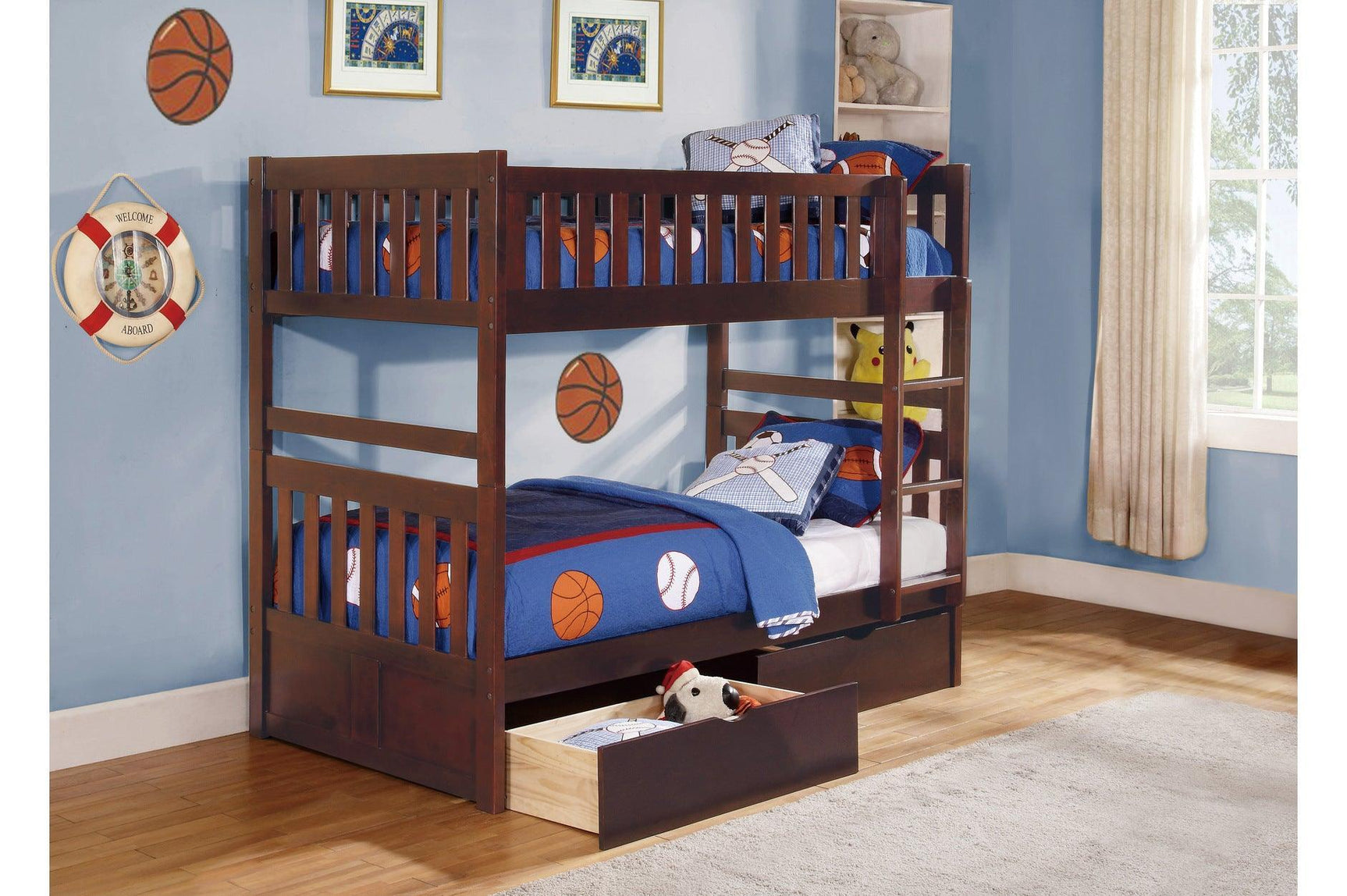 Rowe Dark Cherry Transitional Youth Twin Bookcase Platform Corner Bedroom Set With Youth Trundle - Ella Furniture
